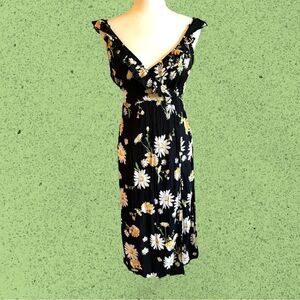 Patrons of Peace black midi wrap sundress daisy floral ruffles